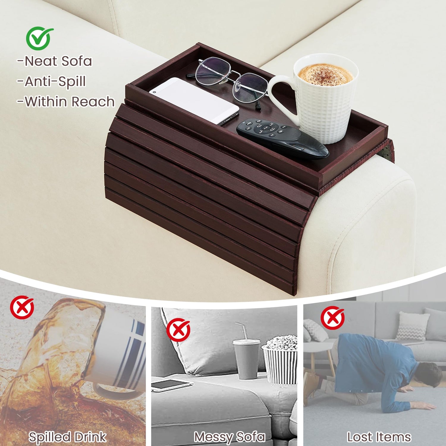 Best jing 2-in-1 Bamboo Sofa Arm Tray with Detachable Cup Holder