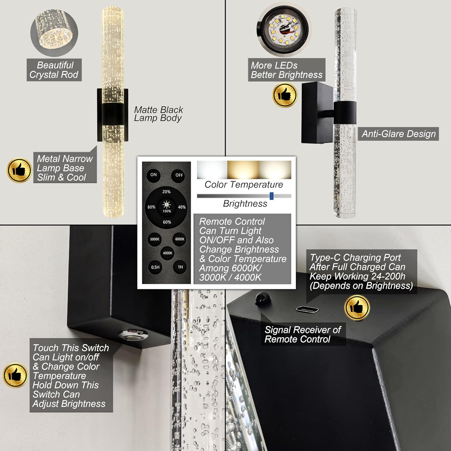 Rechargeable Crystal Wall Lights Set of 2 with Remote